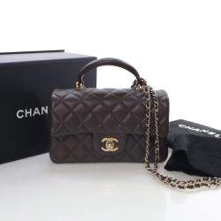 Pre Owned حقيبة شانيل ميني جلد حمل مستطيلة بنية ذات مقبض علوي فلاب كلاسيكية