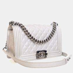 Pre Owned Chanel Medium Silver Lambskin Perforated Boy Bag