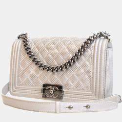 Pre Owned Chanel Medium Silver Lambskin Perforated Boy Bag