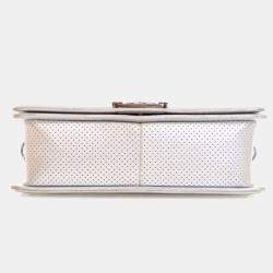 Pre Owned Chanel Medium Silver Lambskin Perforated Boy Bag