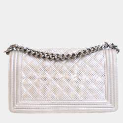 Pre Owned Chanel Medium Silver Lambskin Perforated Boy Bag