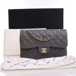 Pre Owned حقيبة فلاب مزدوجة كلاسيكية صغيرة من شانيل جلد الحمل الرمادي