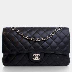 Pre Owned حقيبة شانييل فلاب مزدوجة كلاسيكية وسط سوداء كافيار