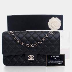 Pre Owned حقيبة شانيال كلاسيك قلاب مزدوج جلد حبيبي أسود متوسط