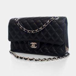 Pre Owned حقيبة شانيال كلاسيك قلاب مزدوج جلد حبيبي أسود متوسط
