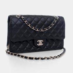 Pre Owned حقيبة شانيال كلاسيك قلاب مزدوج جلد حبيبي أسود متوسط