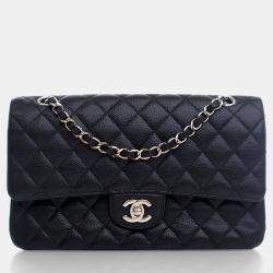 Pre Owned حقيبة شانيال كلاسيك قلاب مزدوج جلد حبيبي أسود متوسط