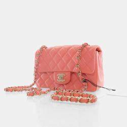Pre Owned Chanel Mini Rose Pink Lambskin Rectangular Classic Flap Bag