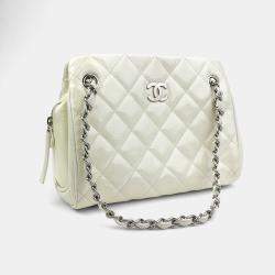 Pre Owned حقيبة يد شانيل تايمليس مبطن جلد أبيض عتيق