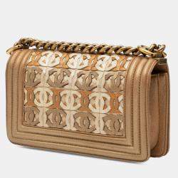 مملوكة مسبقًا حقيبة شانيل بوي قلاب صغیرة جلد خروف معدنیة مبطنة بني مع سی سي متداخل