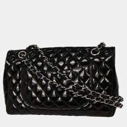 Pre Owned حقيبة كتف جلد لامع أسود شانيل بوابة مفردة بشعار سري