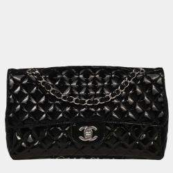 Pre Owned حقيبة كتف جلد لامع أسود شانيل بوابة مفردة بشعار سري