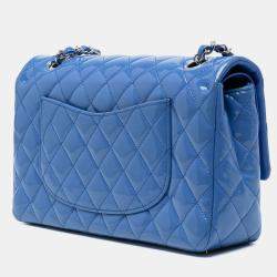 Pre Owned Chanel Blue Medium Classic Patent Double Flap