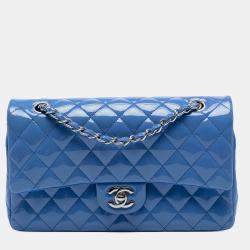 Pre Owned Chanel Blue Medium Classic Patent Double Flap