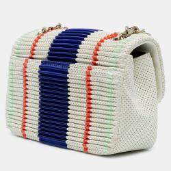 Pre Owned حقيبة شانيل كلاسيك صغيرة مستطيلة جلد خروف مثقب مطوية سدَّابة واحدة زرقاء وبيضاء