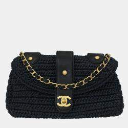 Pre Owned Chanel Black Straw Shoulder Bag