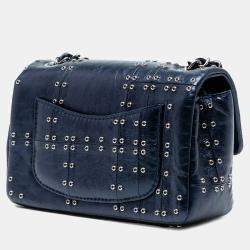 Pre Owned Chanel Blue Mini Rectangular Classic Glazed Calfskin Studded Airlines Single Flap