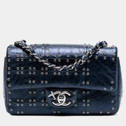 Pre Owned Chanel Blue Mini Rectangular Classic Glazed Calfskin Studded Airlines Single Flap