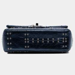 Pre Owned Chanel Blue Mini Rectangular Classic Glazed Calfskin Studded Airlines Single Flap