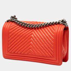 Pre Owned Chanel Red Old Medium Chevron Lambskin Boy Flap