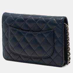 Pre Owned Chanel Blue CC Quilted Lambskin Wallet On Chain