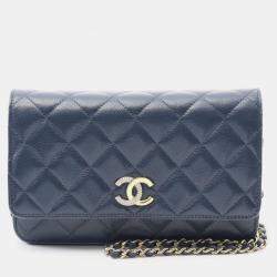 Pre Owned Chanel Matelasse Shoulder Bag In Calfskin Leather Navy Blue