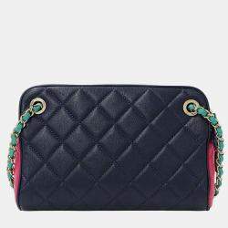 Pre Owned Chanel Matelasse Shoulder Bag Camera Leather Tricolor Blue Pink Green Gold Hardware Chain Mini Small