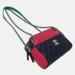 Pre Owned Chanel Matelasse Shoulder Bag Camera Leather Tricolor Blue Pink Green Gold Hardware Chain Mini Small