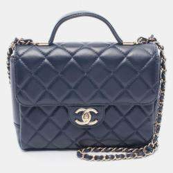 Pre Owned حقيبة كتف شانيل بمقبض علوي جلد الحمل أزرق بحري