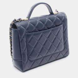 Pre Owned حقيبة كتف شانيل بمقبض علوي جلد الحمل أزرق بحري