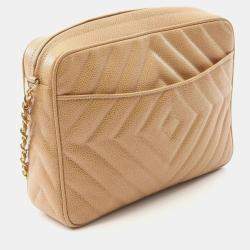 Pre Owned Chanel Coco Mark Diamond Stitch Beige Grained Calfskin Leather Shoulder Bag