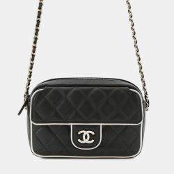 Pre Owned Chanel Chain Shoulder Bag Matelasse Coco Mark Clutch Lambskin Black And White