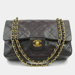 Pre Owned Chanel Matelasse Shoulder Bag With Double Flap Leather Metal Black And Gold