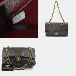 Pre Owned Chanel Matelasse Shoulder Bag With Double Flap Leather Metal Black And Gold