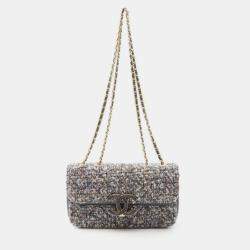 Pre Owned Chanel Coco Mark Shoulder Bag Fabric Leather Gray