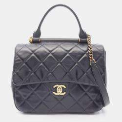 Pre Owned Chanel Matelasse Top Handle Shoulder Bag In Lambskin Leather Navy Blue