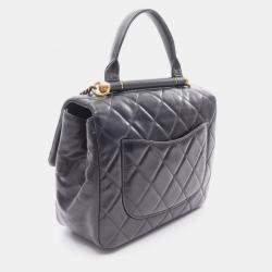 Pre Owned Chanel Matelasse Top Handle Shoulder Bag In Lambskin Leather Navy Blue