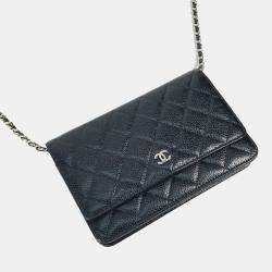 مملوكة مسبقًا Chanel  Quilted Cc Matelasse Coco Mark Chain Wallet Shoulder Bag Long Caviar Skin Black