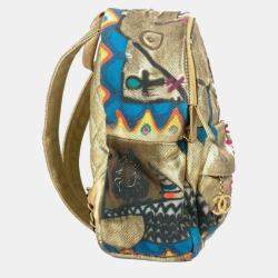 Pre Owned حقيبة ظهر شانيل شعار CC رسومات الكتابة على الجدران جلد كانفاس ذهبي