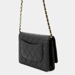 مملوكة مسبقًا محفظة بسلسلة من شانيل سلسلة موناكو مع الكو مارك جلد خروف أسود مطرز