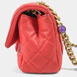 Pre Owned Chanel  Cc Coco Mark Matelasse Jeweled Double Chain Bag With Flap Shoulder In Lambskin Red