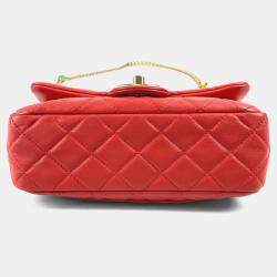 Pre Owned Chanel  Cc Coco Mark Matelasse Jeweled Double Chain Bag With Flap Shoulder In Lambskin Red