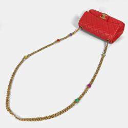 Pre Owned Chanel  Cc Coco Mark Matelasse Jeweled Double Chain Bag With Flap Shoulder In Lambskin Red