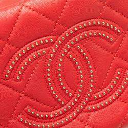 Pre Owned Chanel Matelasse Studs Coco Mark Chain Shoulder Bag In Red And Gold Lambskin