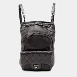 Pre Owned Chanel Black Small CC Calfskin Drawstring Flap Backpack