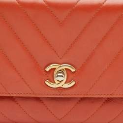 Pre Owned Chanel Mini Coco Orange Chevron Leather Top Handle Bag