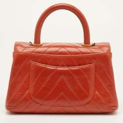 Pre Owned Chanel Mini Coco Orange Chevron Leather Top Handle Bag