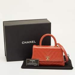 Pre Owned Chanel Mini Coco Orange Chevron Leather Top Handle Bag