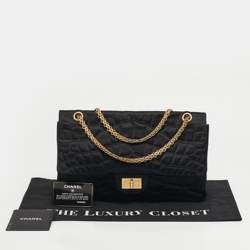 Pre Owned Chanel Reissue 2.55 227 Black Croc Effect Satin Flap Bag