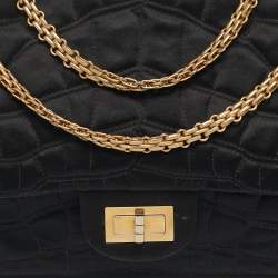 Pre Owned Chanel Reissue 2.55 227 Black Croc Effect Satin Flap Bag